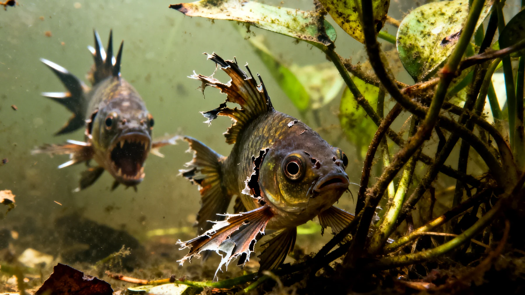 Fische zeigen Aggressivität oder Stress bei der Vergesellschaftung mit anderen Fischarten im Aquarium, was zu Verletzungen, Flossenschäden oder erhöhter Krankheitsanfälligkeit führen kann"