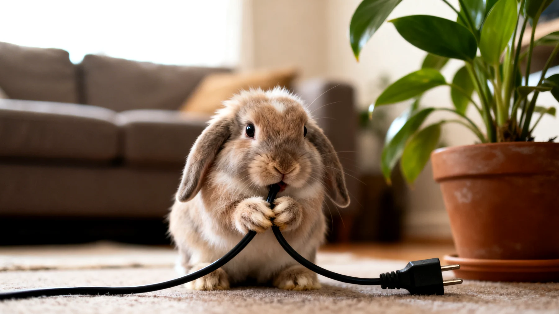 Welpen-Kaninchen benötigen eine sichere und altersgerechte Umgebung im Haus, da sie besonders neugierig sind, an allem knabbern und sich leicht verletzen können durch ungesicherte Kabel, giftige Zimmerpflanzen oder enge Spalten, in denen sie stecken bleiben"